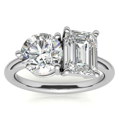 Unique Round and Emerald 2-Stone Moissanite Engagement Ring