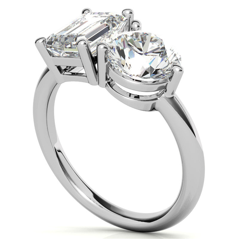 Unique Round and Emerald 2-Stone Moissanite Engagement Ring