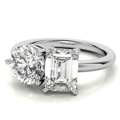 Unique Round and Emerald 2-Stone Moissanite Engagement Ring