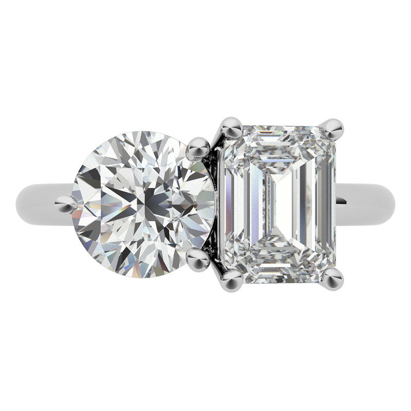 Unique Round and Emerald 2-Stone Moissanite Engagement Ring