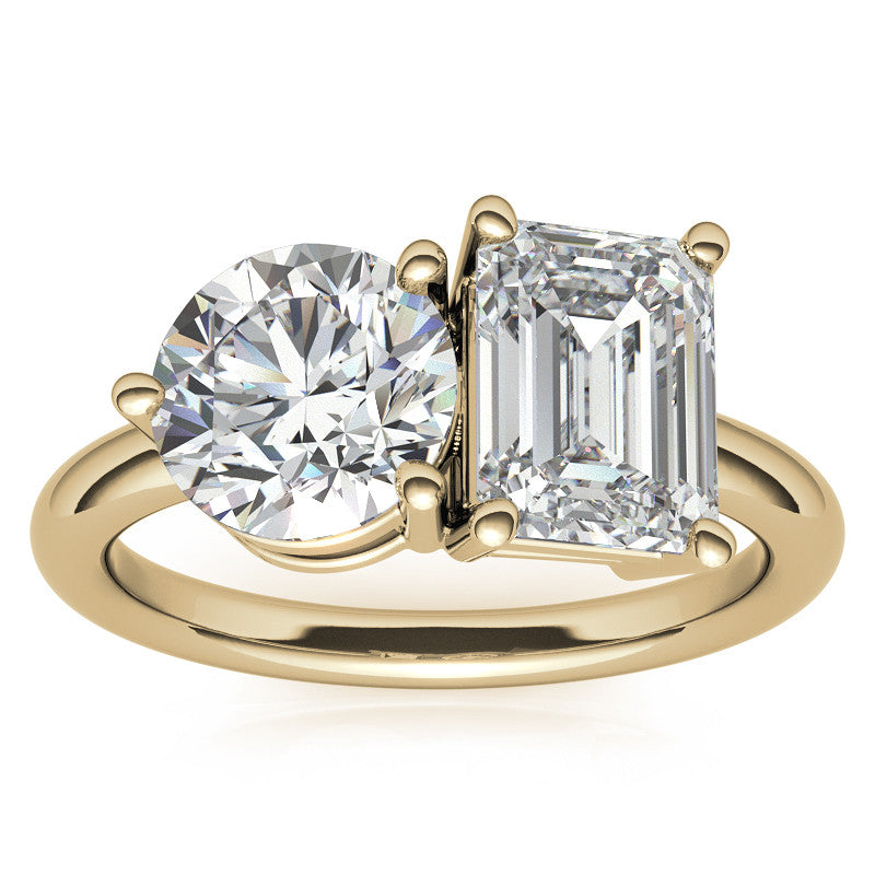 Unique Round and Emerald 2-Stone Moissanite Engagement Ring