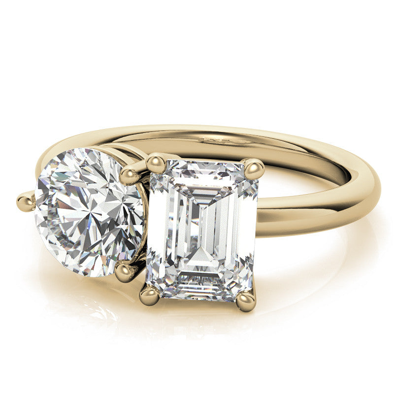 Unique Round and Emerald 2-Stone Moissanite Engagement Ring