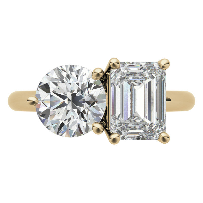 Unique Round and Emerald 2-Stone Moissanite Engagement Ring