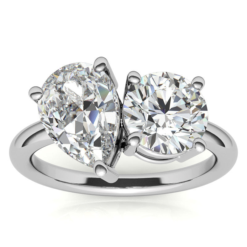 Unique Round and Pear 2-Stone Moissanite Engagement Ring