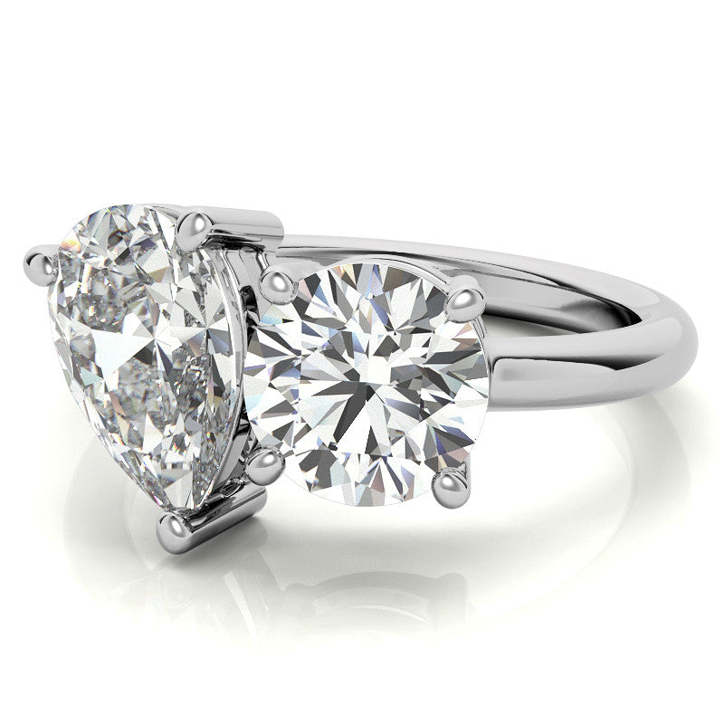 Unique Round and Pear 2-Stone Moissanite Engagement Ring