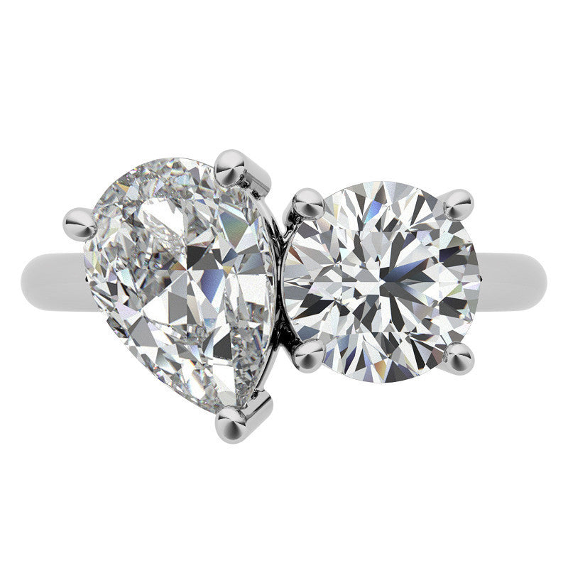 Unique Round and Pear 2-Stone Moissanite Engagement Ring