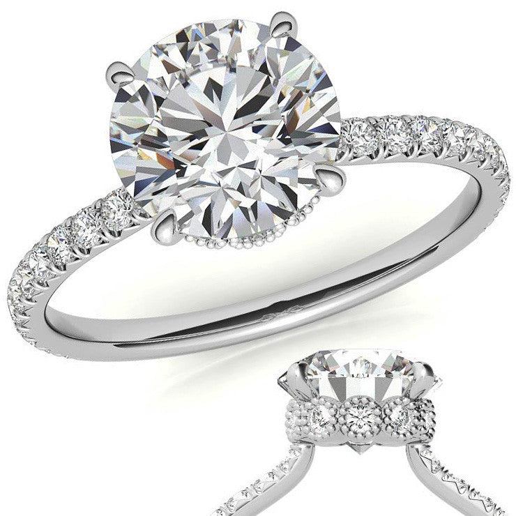 Round Low Set Hidden Halo Moissanite Engagement Ring with Milgrain