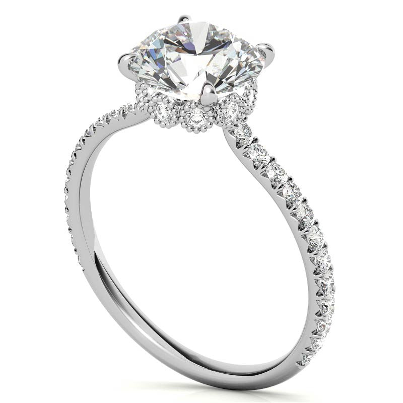 Round Low Set Hidden Halo Moissanite Engagement Ring with Milgrain
