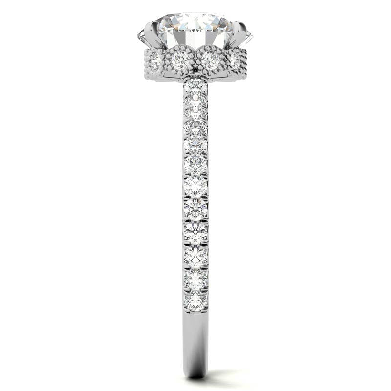Round Low Set Hidden Halo Moissanite Engagement Ring with Milgrain