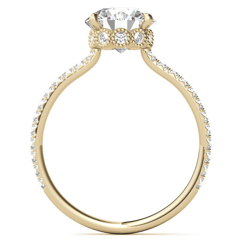 Round Low Set Hidden Halo Moissanite Engagement Ring with Milgrain