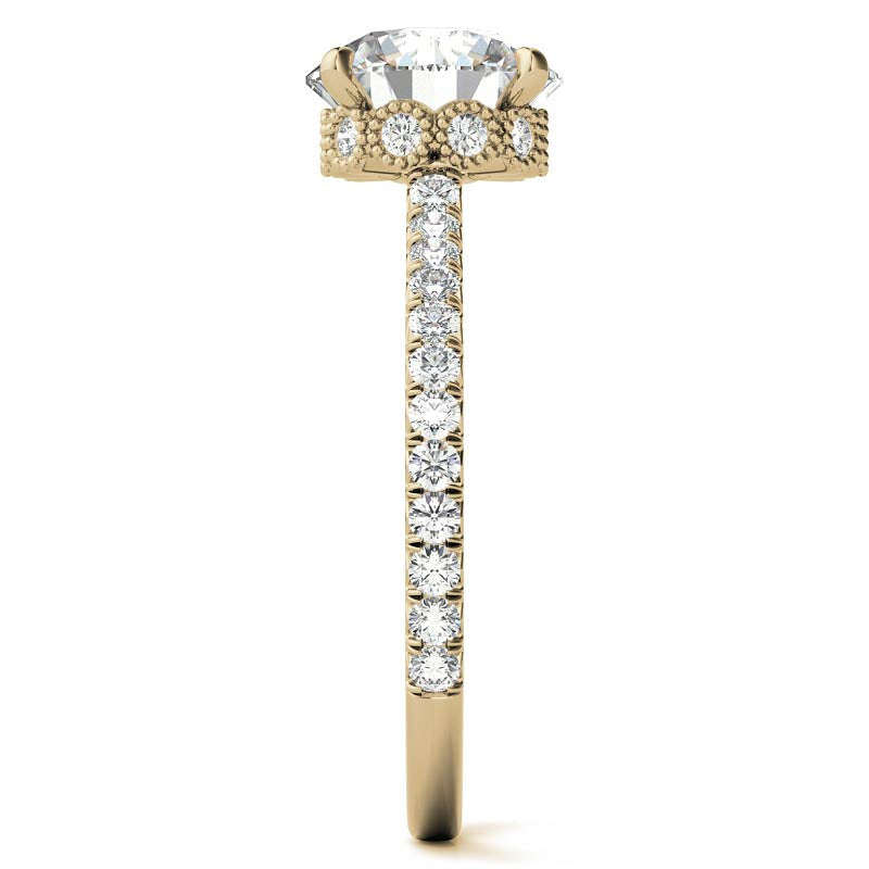 Round Low Set Hidden Halo Moissanite Engagement Ring with Milgrain