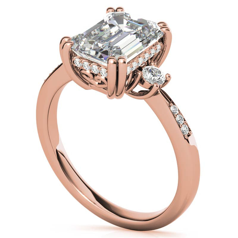 Emerald / Radiant Scroll Accent Moissanite Engagement Ring