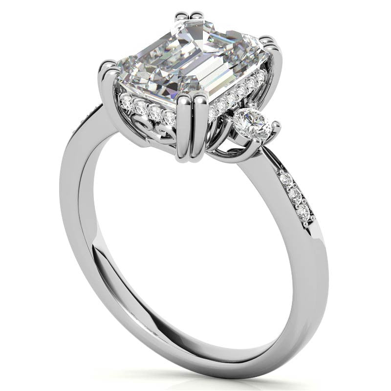 Emerald / Radiant Scroll Accent Moissanite Engagement Ring