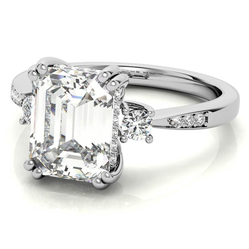 Emerald / Radiant Scroll Accent Moissanite Engagement Ring