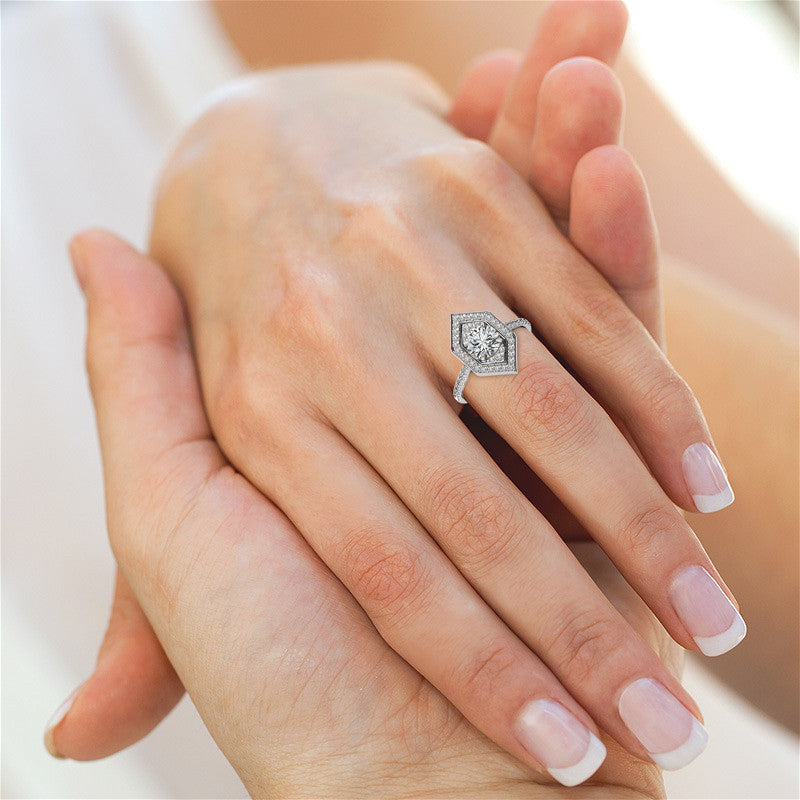 Hexagon Halo Shaped Round Brilliant Moissanite Engagement Ring