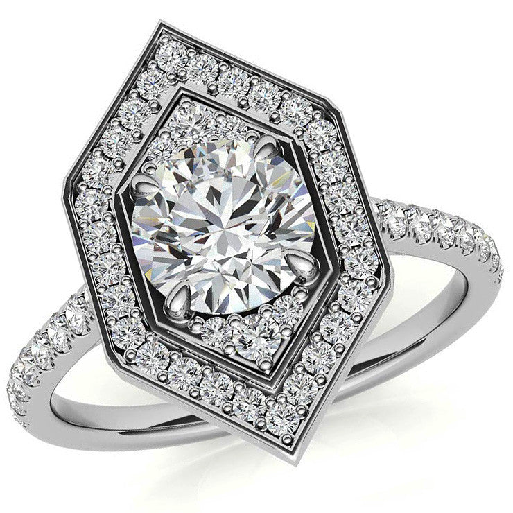 Hexagon Halo Shaped Round Brilliant Moissanite Engagement Ring