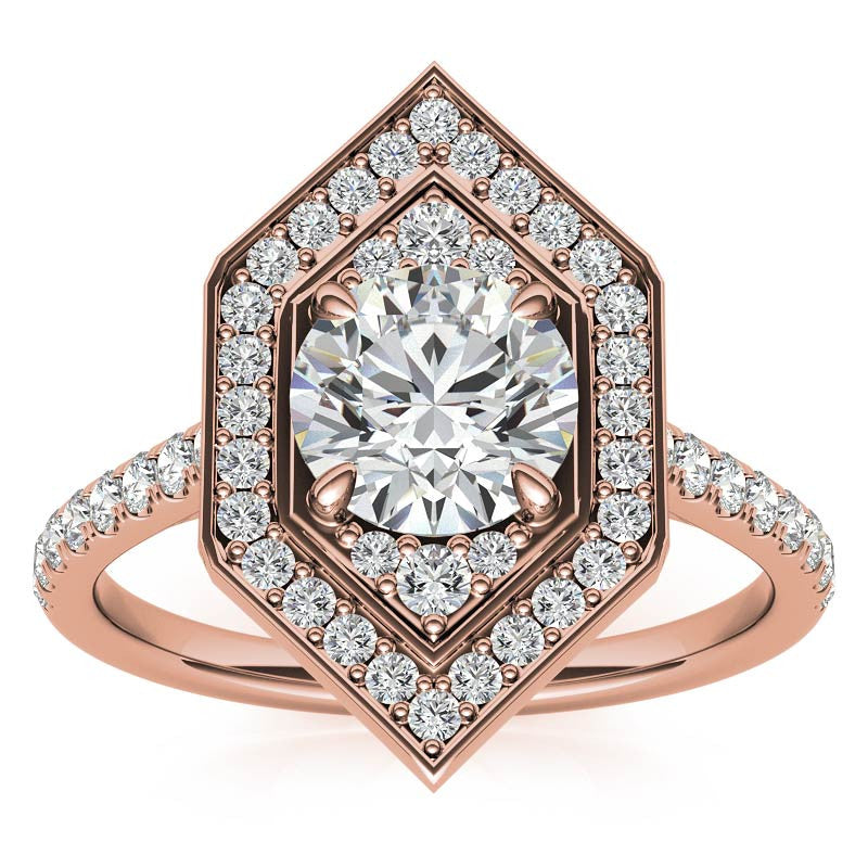 Hexagon Halo Shaped Round Brilliant Moissanite Engagement Ring