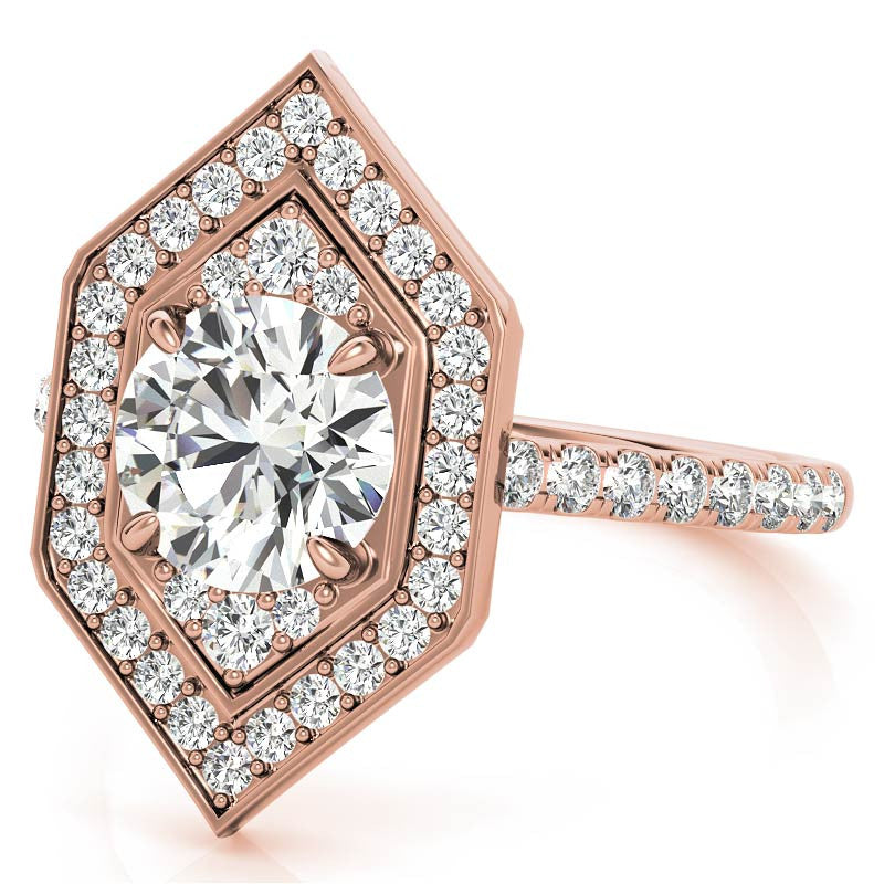 Hexagon Halo Shaped Round Brilliant Moissanite Engagement Ring