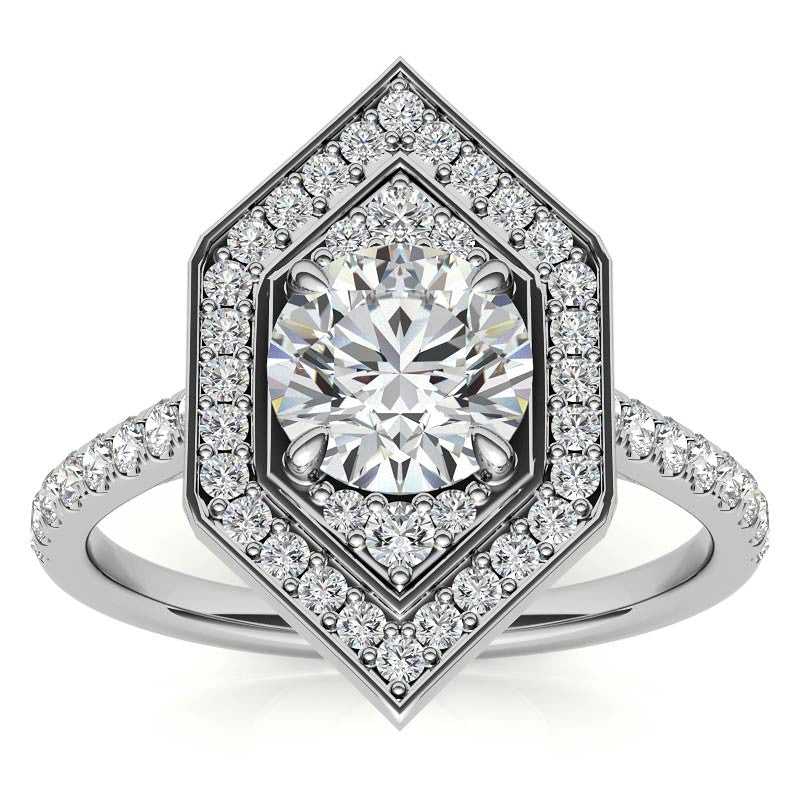 Hexagon Halo Shaped Round Brilliant Moissanite Engagement Ring