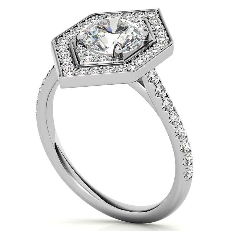 Hexagon Halo Shaped Round Brilliant Moissanite Engagement Ring