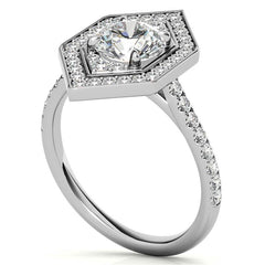 Hexagon Halo Shaped Round Brilliant Moissanite Engagement Ring
