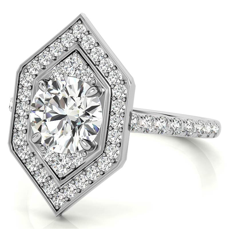 Hexagon Halo Shaped Round Brilliant Moissanite Engagement Ring