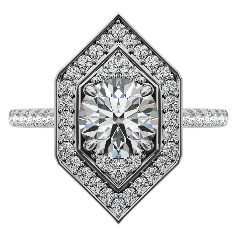 Hexagon Halo Shaped Round Brilliant Moissanite Engagement Ring