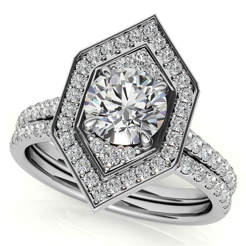 Hexagon Halo Shaped Round Brilliant Moissanite Engagement Ring