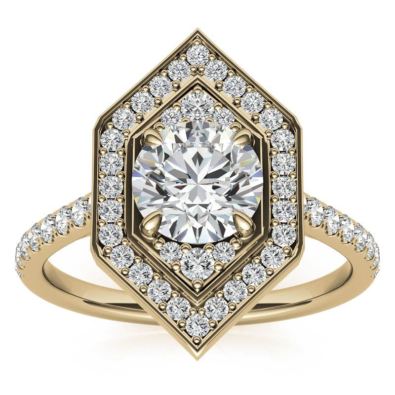 Hexagon Halo Shaped Round Brilliant Moissanite Engagement Ring