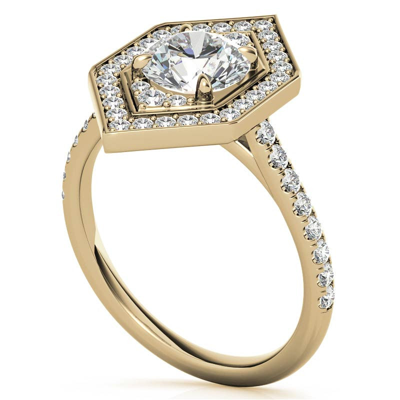 Hexagon Halo Shaped Round Brilliant Moissanite Engagement Ring