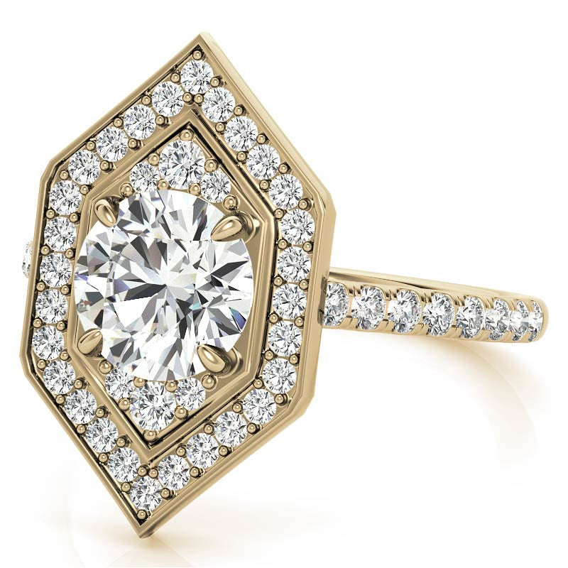 Hexagon Halo Shaped Round Brilliant Moissanite Engagement Ring