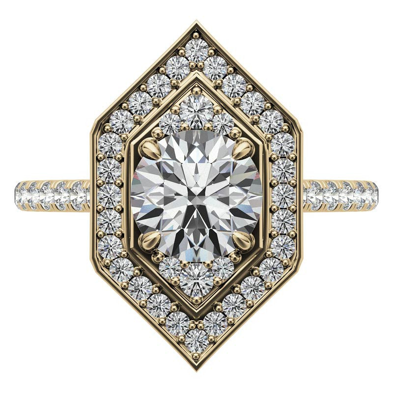 Hexagon Halo Shaped Round Brilliant Moissanite Engagement Ring