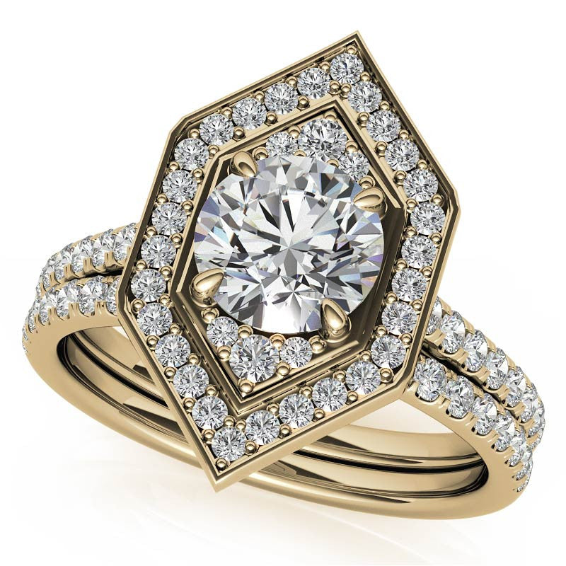 Hexagon Halo Shaped Round Brilliant Moissanite Engagement Ring