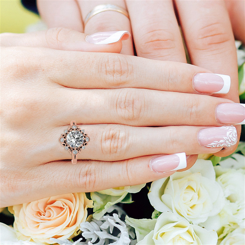 Antique Inspired Round Scroll Moissanite Halo Engagement Ring