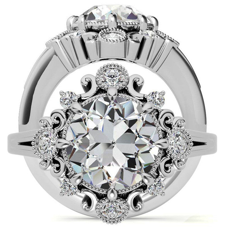 Antique Inspired Round Scroll Moissanite Halo Engagement Ring