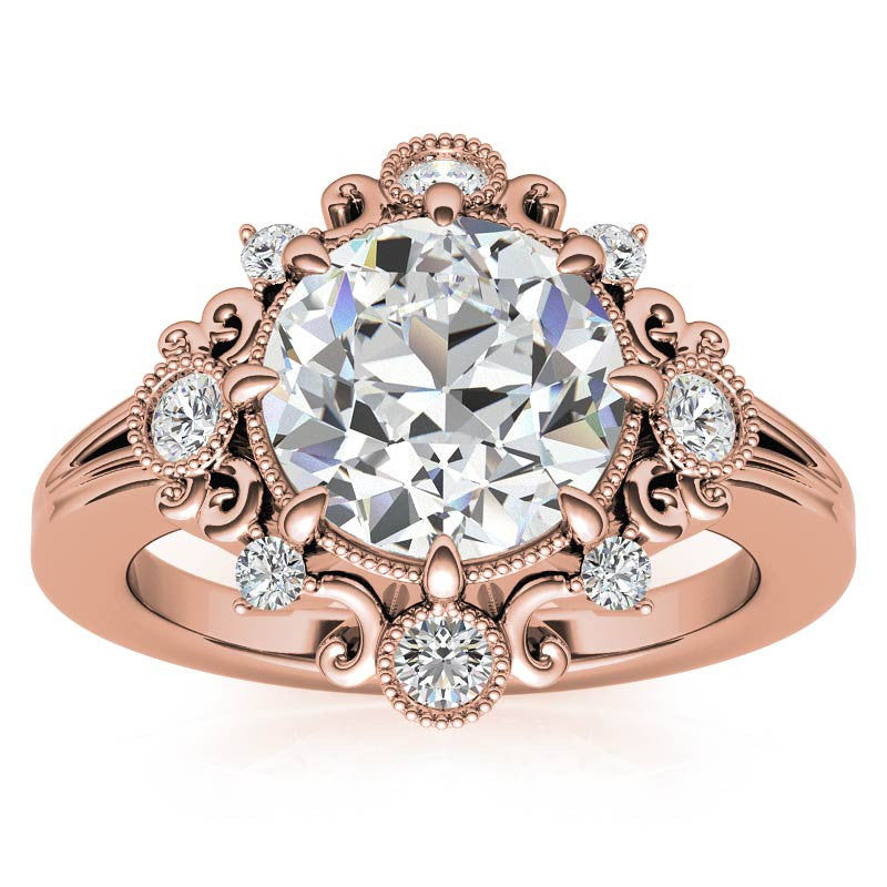 Antique Inspired Round Scroll Moissanite Halo Engagement Ring