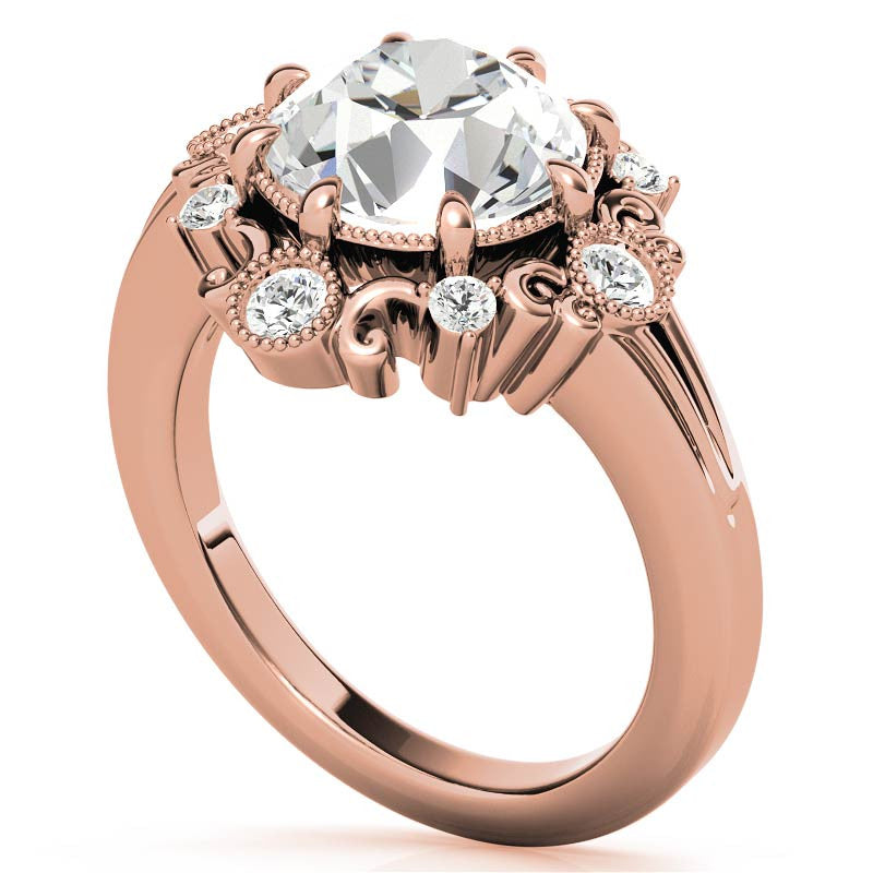 Antique Inspired Round Scroll Moissanite Halo Engagement Ring