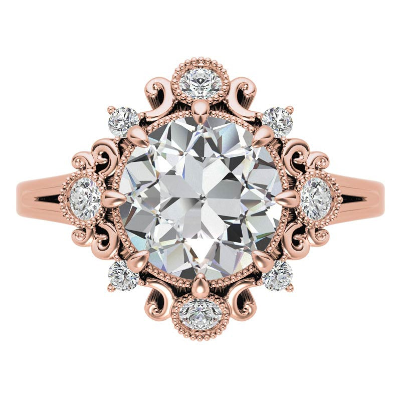 Antique Inspired Round Scroll Moissanite Halo Engagement Ring