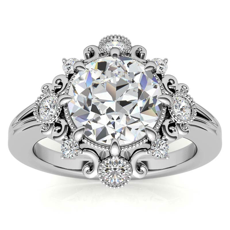 Antique Inspired Round Scroll Moissanite Halo Engagement Ring