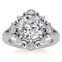 Antique Inspired Round Scroll Moissanite Halo Engagement Ring