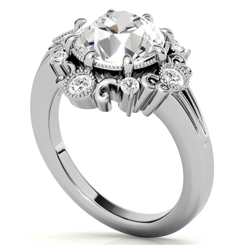 Antique Inspired Round Scroll Moissanite Halo Engagement Ring