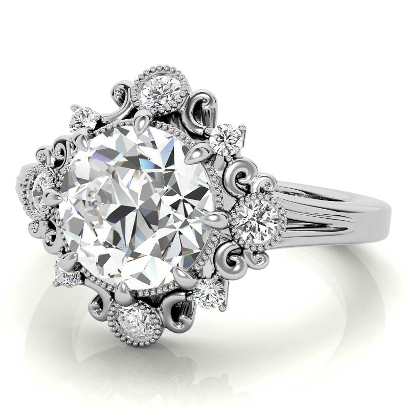 Antique Inspired Round Scroll Moissanite Halo Engagement Ring