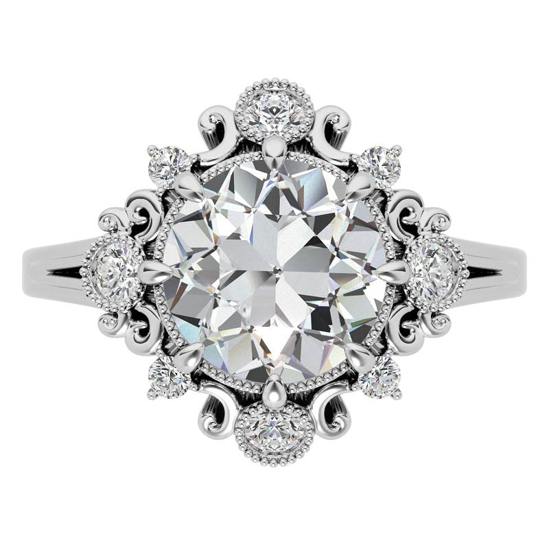 Antique Inspired Round Scroll Moissanite Halo Engagement Ring
