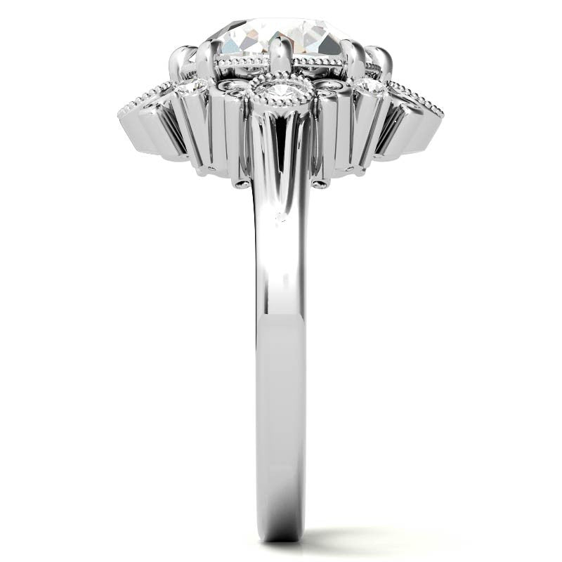 Antique Inspired Round Scroll Moissanite Halo Engagement Ring