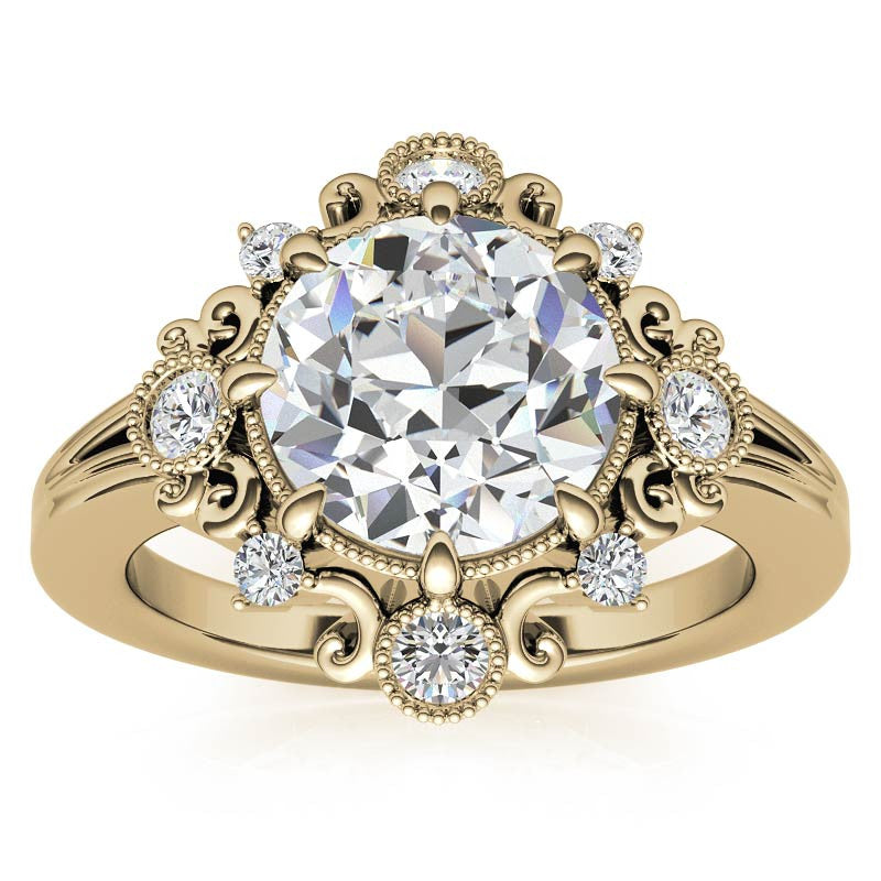 Antique Inspired Round Scroll Moissanite Halo Engagement Ring