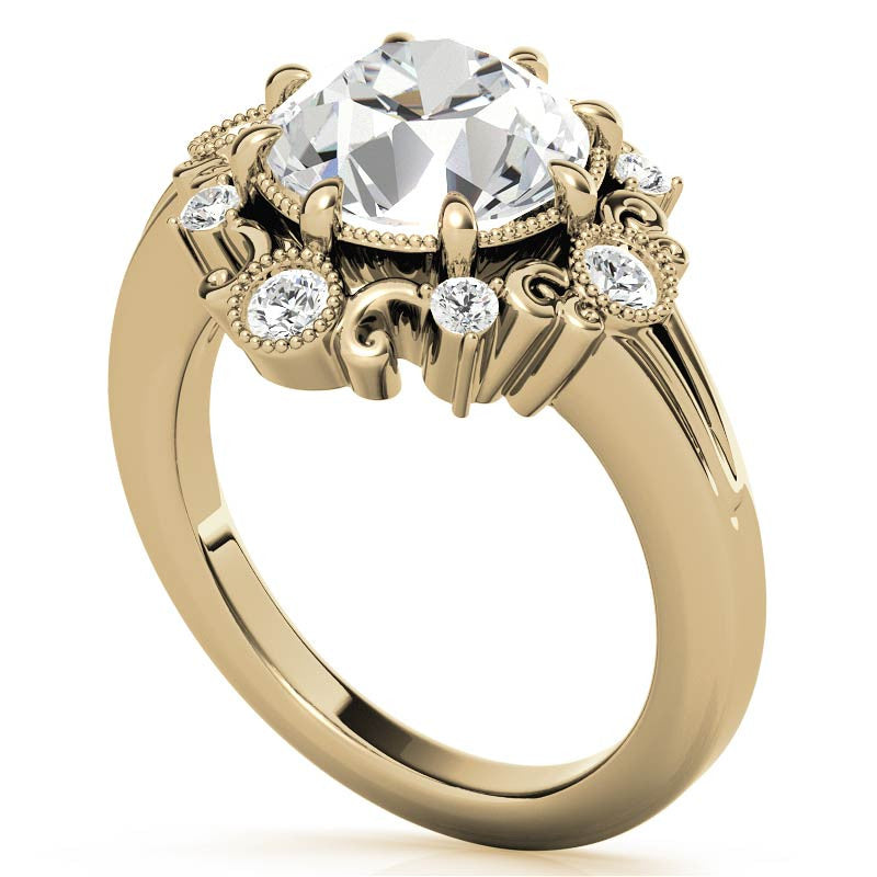 Antique Inspired Round Scroll Moissanite Halo Engagement Ring