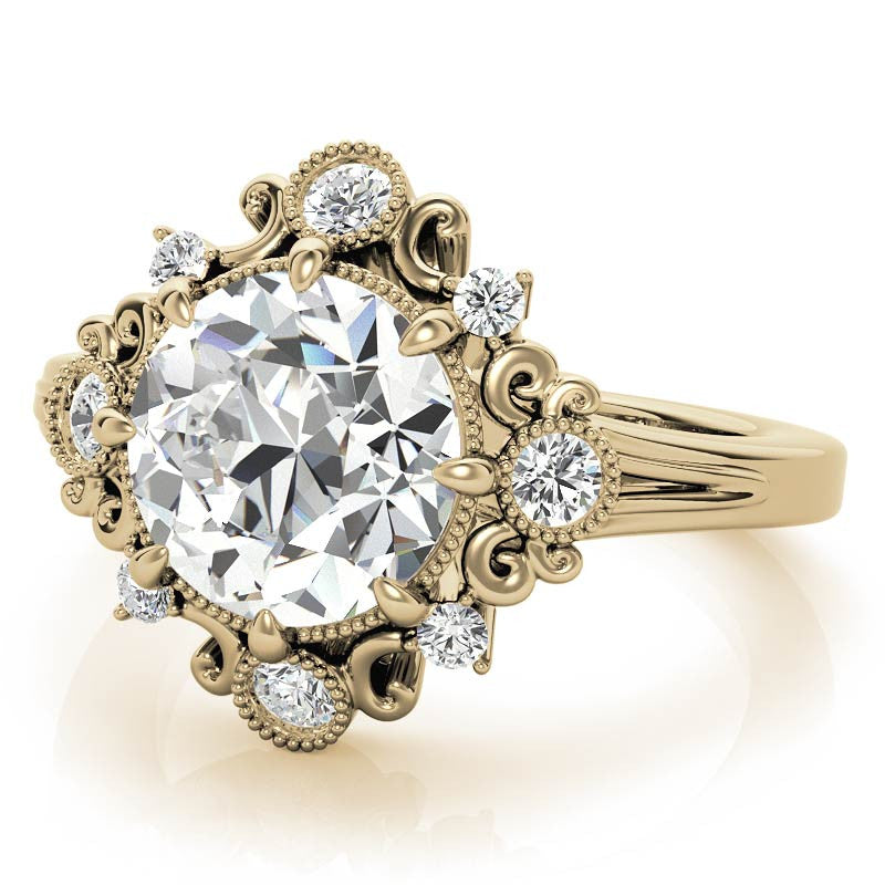 Antique Inspired Round Scroll Moissanite Halo Engagement Ring
