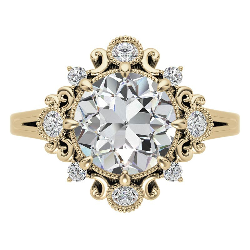 Antique Inspired Round Scroll Moissanite Halo Engagement Ring