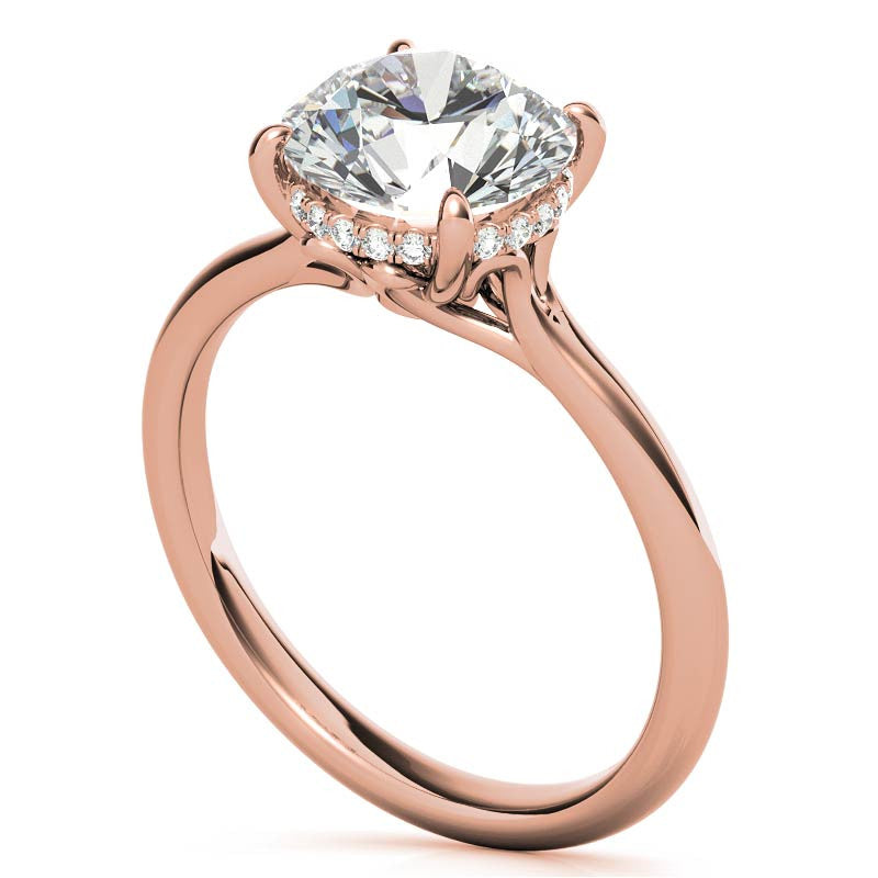 Round Scroll Accented Moissanite Engagement Ring with Hidden Halo