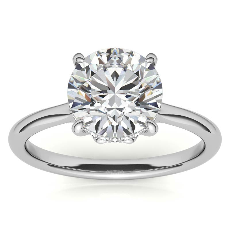 Round Scroll Accented Moissanite Engagement Ring with Hidden Halo